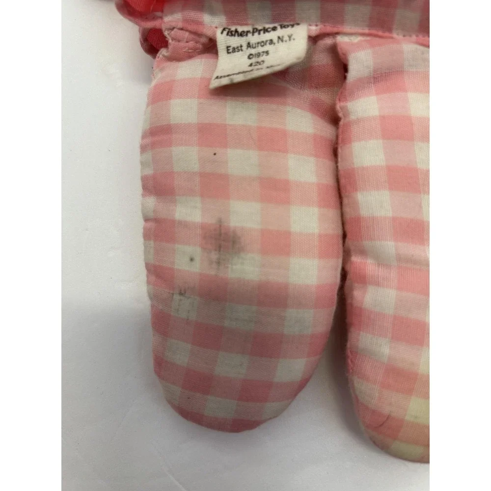 1975 FISHER-PRICE LOLLY Pink Gingham Rattle Inside Rag Doll #420 EUC FLAWED